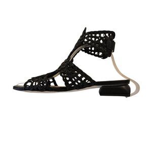 Pedro Anton Womens Napa Lame Leather Low Block Heel Gladiator Sandal Black Sz 37